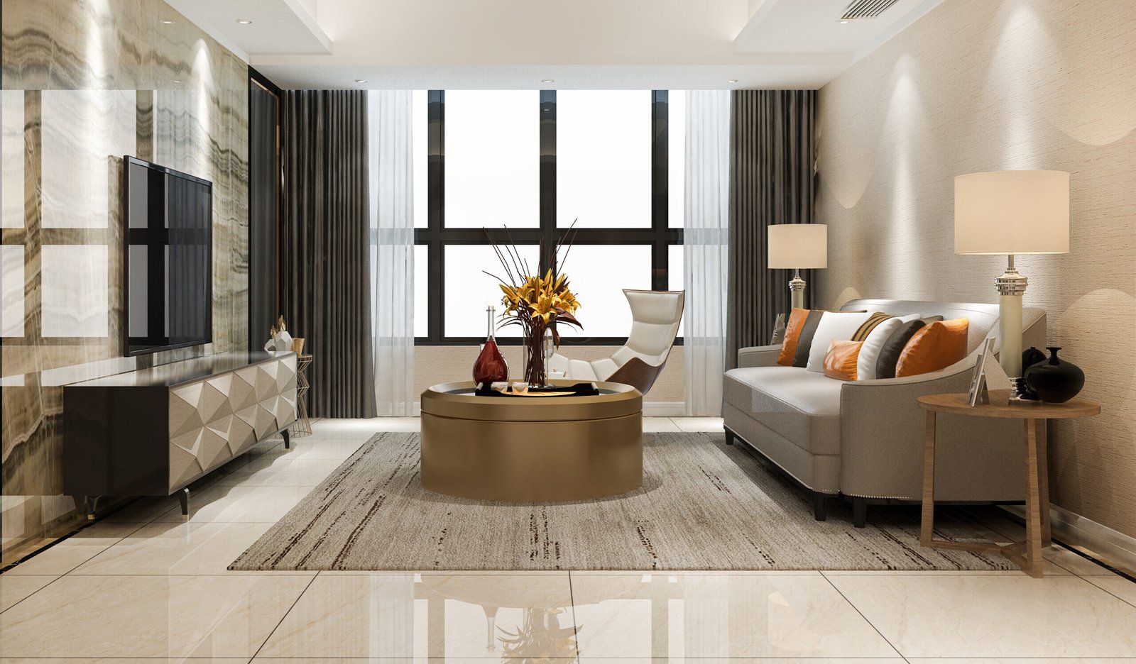 3d rendering luxury and modern living room with leather sofa and lamp